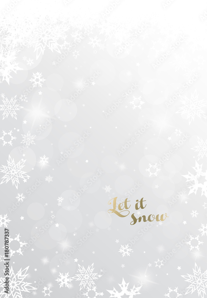 Christmas light background with white and golden snowflakes.