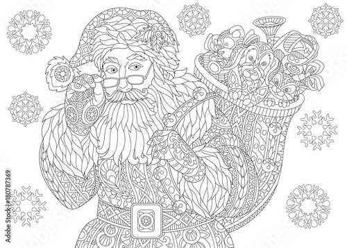 Coloring page of Santa Claus with full bag of holiday gifts. Christmas vintage snowflakes. Freehand sketch drawing for 2018 Happy New Year greeting card or adult antistress coloring book.