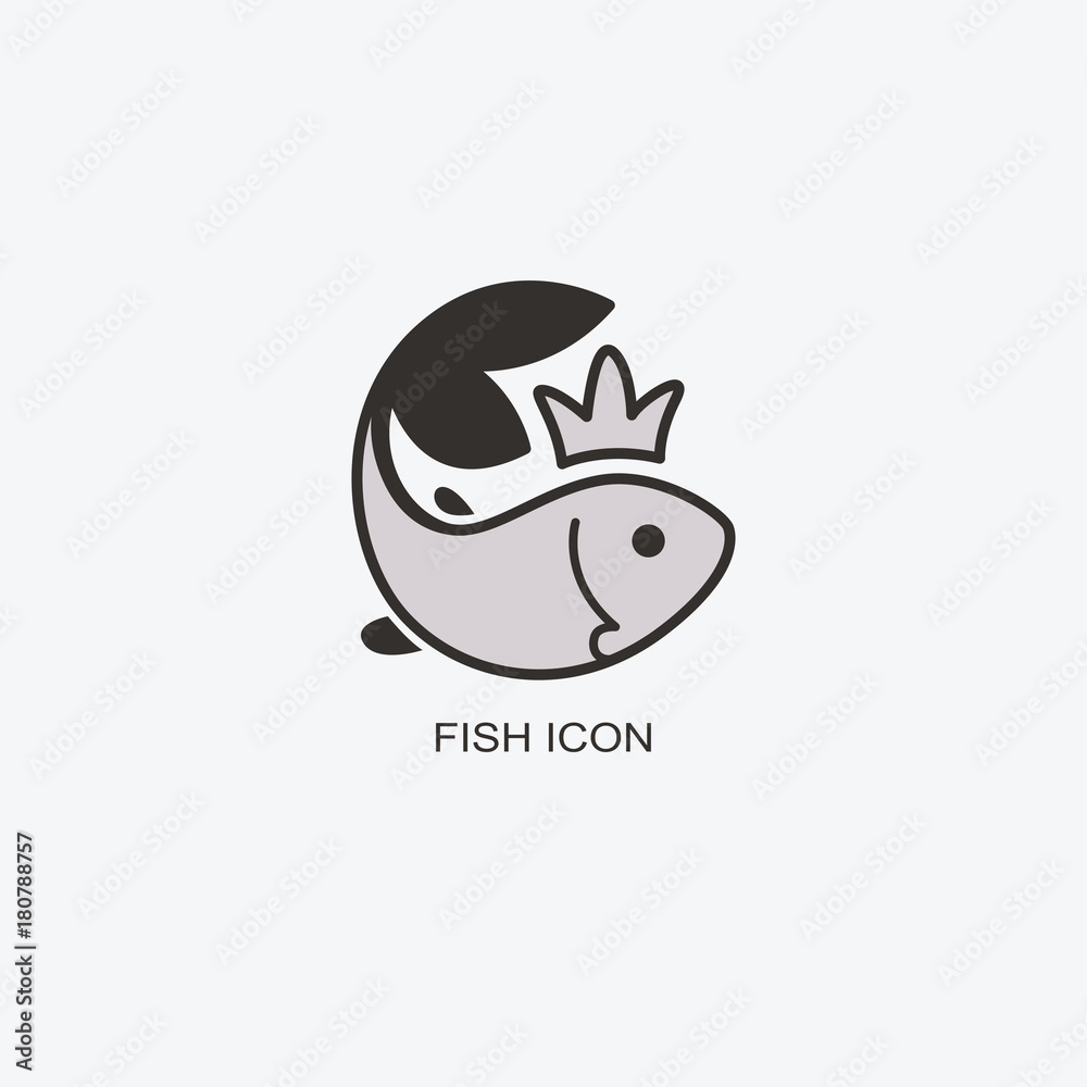 Fish in the crown logo template for design. Icon of seafood restaurant..Animals in a natural environment. Illustration of graphic flat style Fish in the crown logo template for design. Icon of seafood restaurant..Animals in a natural environment. Illustration of graphic flat style