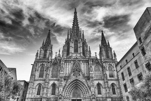Scenic facade of the Barcelona Cathedral  Catalonia  Spain