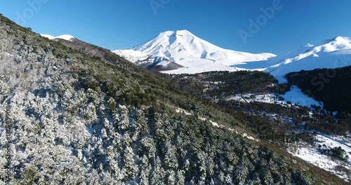 Sunny Snow Covered Trees Aerial Drone Flyover Towards Lonquimay Volcano and Corralco photo