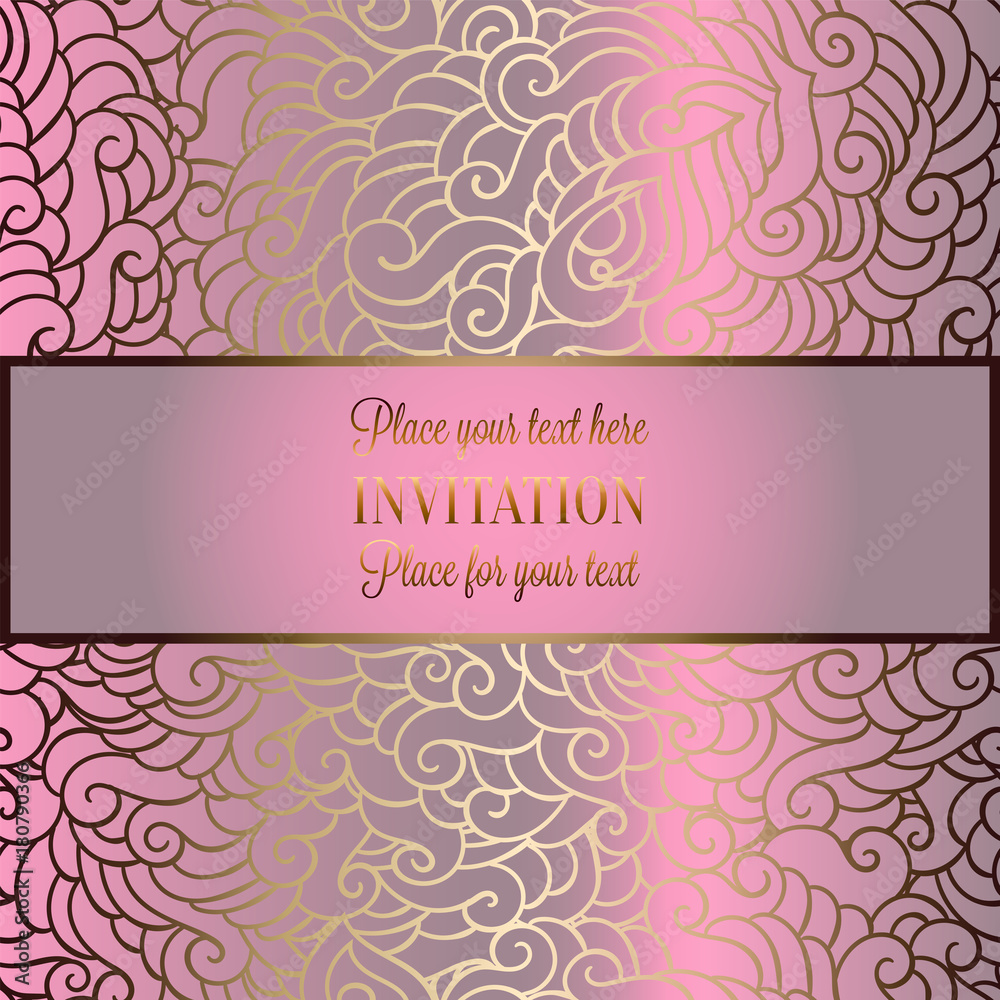 Abstract background with luxury metal pink place for text vintage tracery made of feathers, damask floral wallpaper ornaments, invitation card template, fashion pattern on pink and gray background