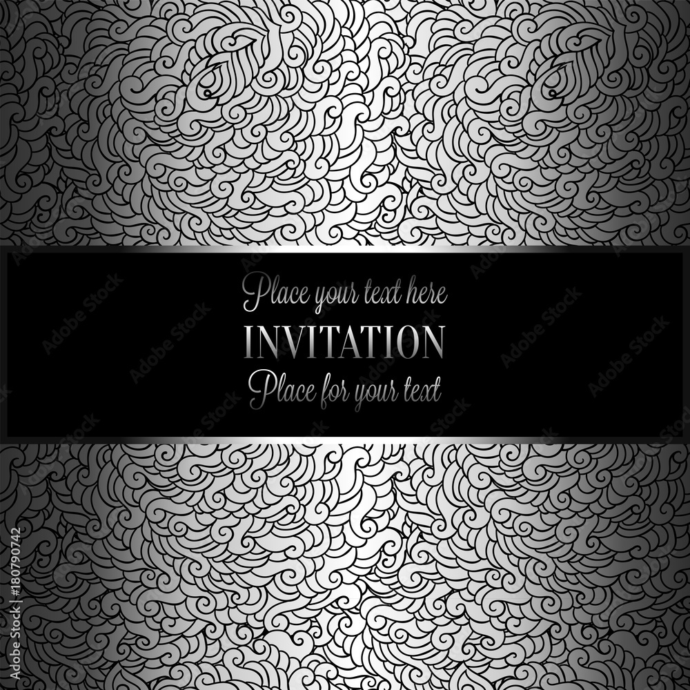 Abstract background with luxury metal silver  place for text vintage tracery made of feathers, damask floral wallpaper ornaments, invitation card, fashion pattern