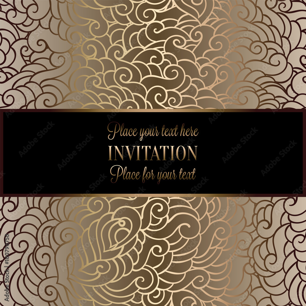 Romantic background with antique, luxury black, beige and gold vintage frame, victorian banner, made of feathers wallpaper ornaments, invitation card, baroque style booklet, fashion pattern