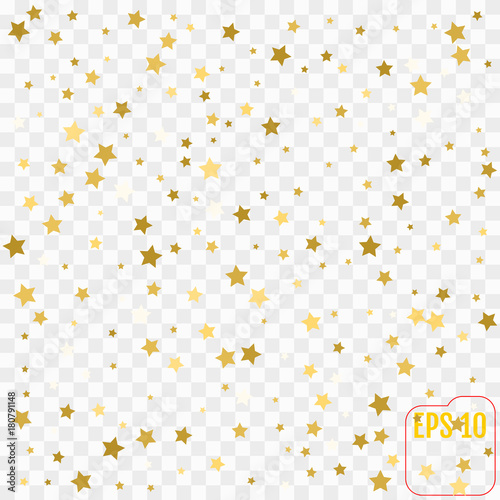 Gold star confetti rain festive holiday background. Vector golden paper foil stars falling down isolated on transparent background.