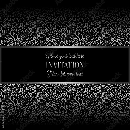 Romantic background with antique, luxury black and silver metal vintage frame, victorian banner, made of feathers wallpaper ornaments, invitation card, baroque style booklet, fashion pattern
