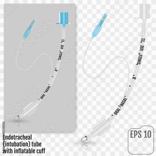 Tracheal - endotracheal - intubation - tube with inflatable cuff. Use in emergency room. Patient has an accident. On gray and transparent backgrounds