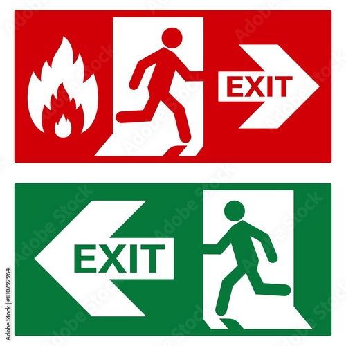 VECTOR.  Exit sign.  Emergency fire exit door and exit door. The icon with a white sign on a green / red background. Public information label. Illustration.