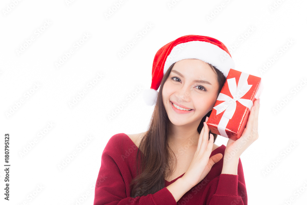 Happy asian woman with smile holding gift box of xmas, Present girl with celebration christmas a holiday, girl with buyer enjoy and excited isolated on white background, shopping with season concept. Happy asian woman with smile holding gift box of xmas, Present girl with celebration christmas a holiday, girl with buyer enjoy and excited isolated on white background, shopping with season concept.