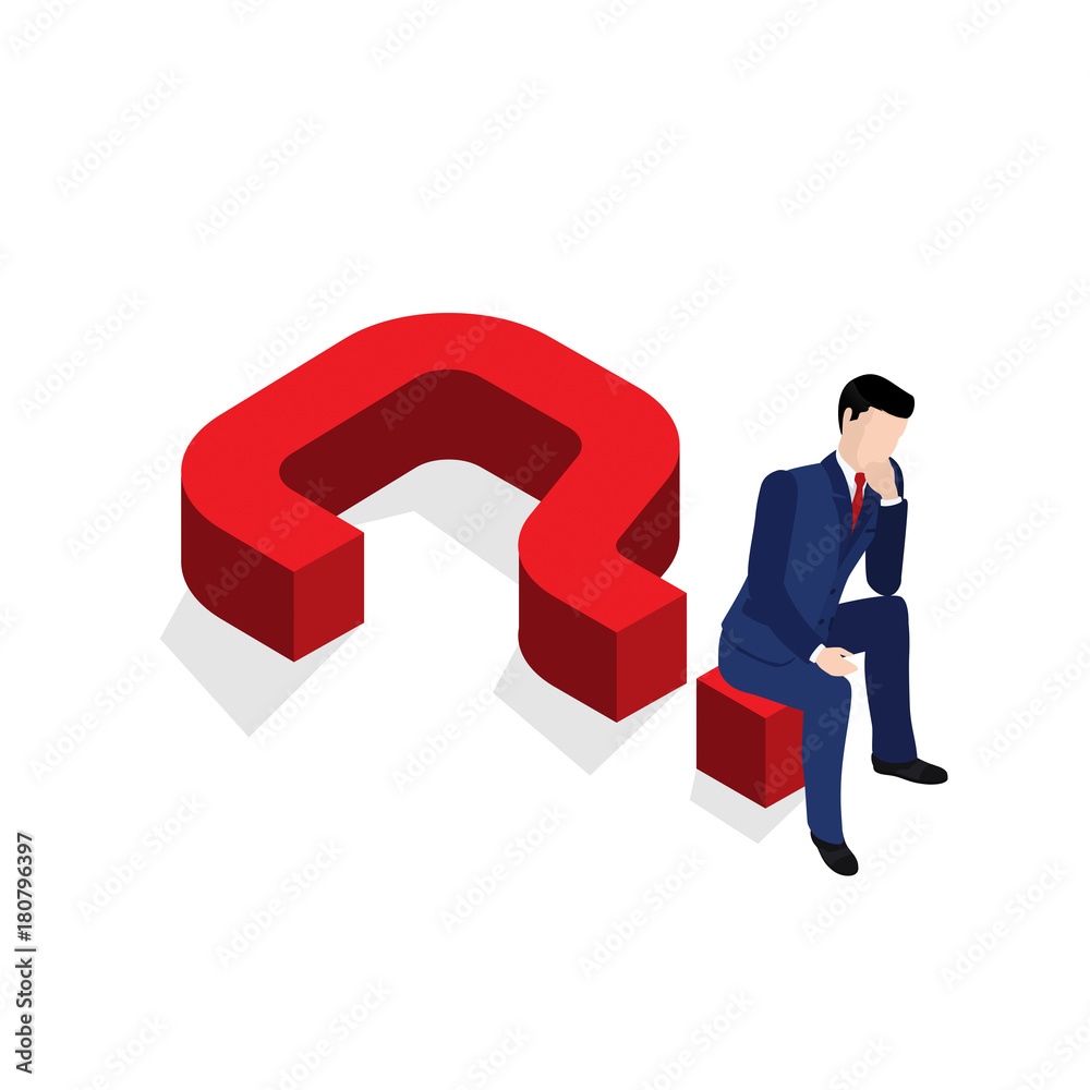 isometric illustration, a man in a business suit is sitting on a question mark isometric illustration, a man in a business suit is sitting on a question mark