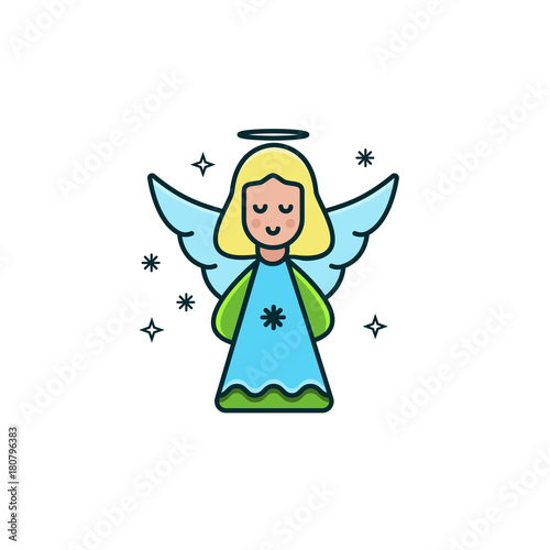 Cute girl angel flat color line icon on isolated background. Christmas character design in trendy minimal design. Vector illustration of little angel with blonde hair and halo, blue wings and dress.