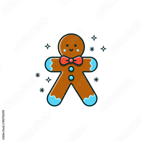 Gingerbread man flat color line icon on isolated background. Vector illustration of bisquit for seasonal holidays. Christmas character design - ginger bread cookie with smiley face.