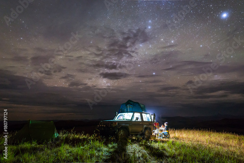 Camping site on top of a hill with starry night in Gran Sabana region, Venezuela