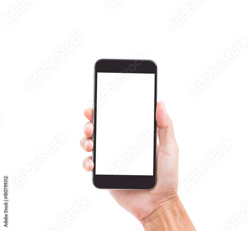 Man hand holding blank screen mobile phone isolated on white background