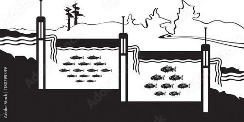 Fish farm on river in mountains - vector illustration