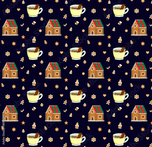 Seamless pattern of eggnog gingerbread house man and cookies