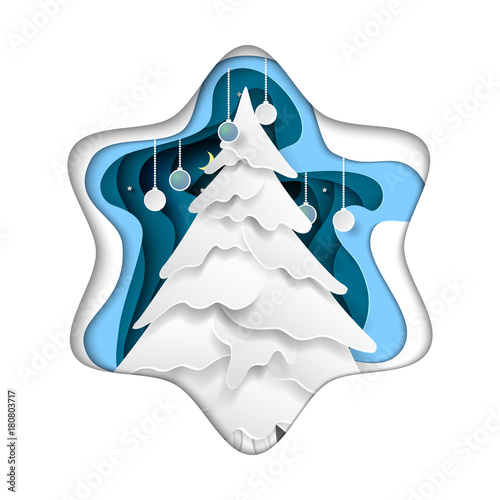 Christmas tree in snowflake shape paper art abstract background.For merry christmas and happy new year.Vector illustration.
