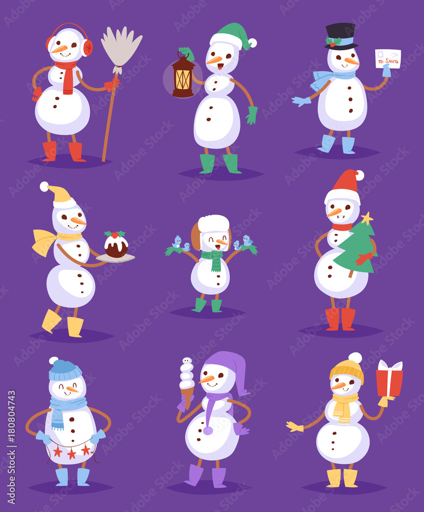 Snowman cute cartoon winter christmas character holiday merry xmas snow boys and girls vector illustration
