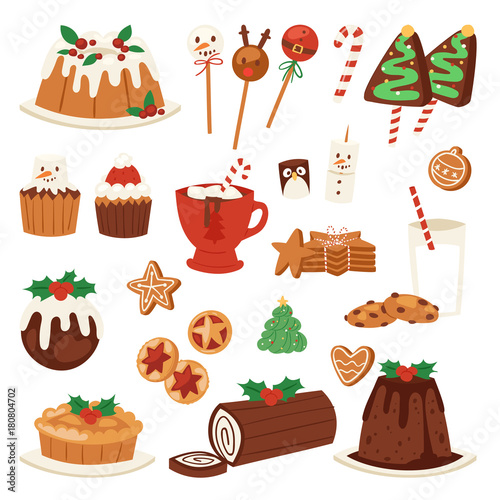 Christmas food vector desserts holiday decoration xmas family diner sweet celebration meal illustration. Traditional festive winter cake homemade x-mas party
