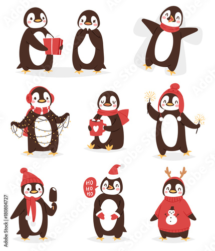 Christmas cute penguin vector character cartoon bird celebrate Xmas poses - play, walc, fly and happy face smile in Santa red hat
