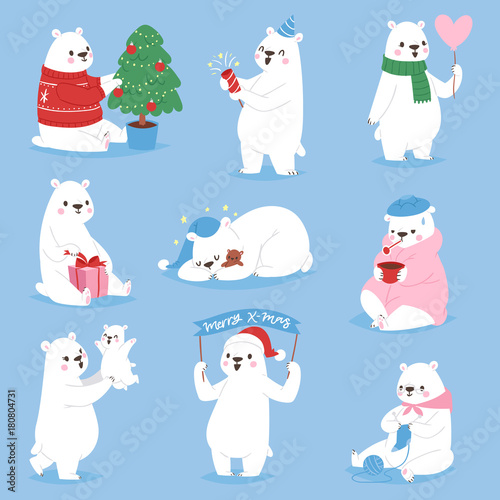 Christmas white bear vector animal cute beauty character funny style different poses celebrate Xmas holiday or New Year time big animal