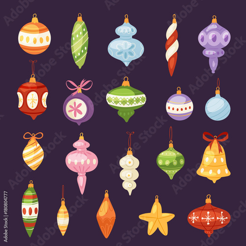 Christmas tree toys vector decorations balls, circle, stars, bells for decorate New Year Xmas tree brances illustration