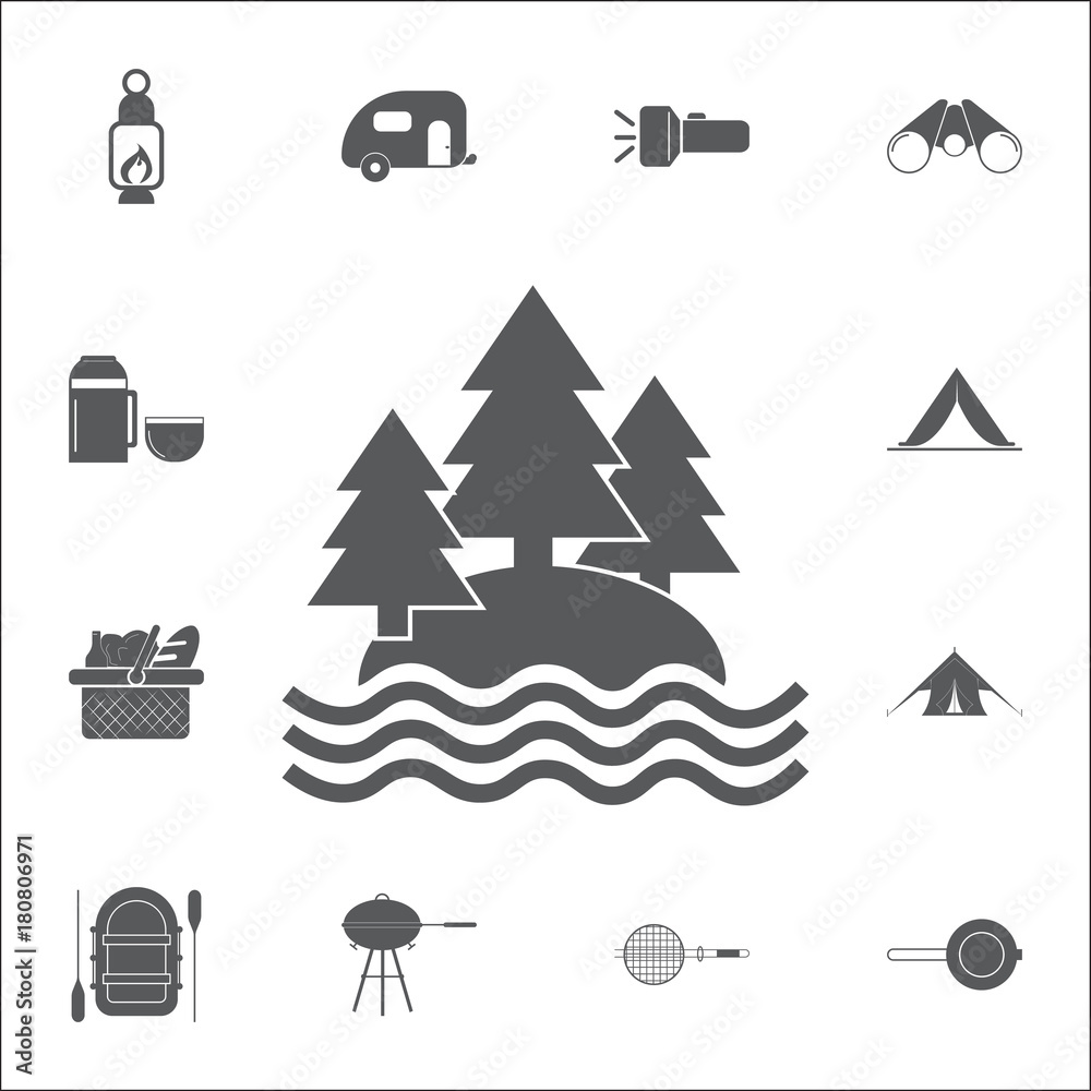 Lake and forest icon. Set of camping icons Lake and forest icon. Set of camping icons