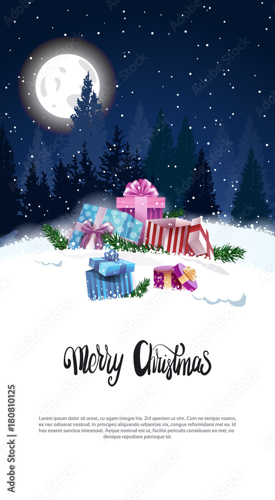 Merry Christmas Vertical Banner With Present Boxes In Snowy Winter Forest At Night Holiday Flyer With Copy Space Flat Vector Illustration Merry Christmas Vertical Banner With Present Boxes In Snowy Winter Forest At Night Holiday Flyer With Copy Space Flat Vector Illustration