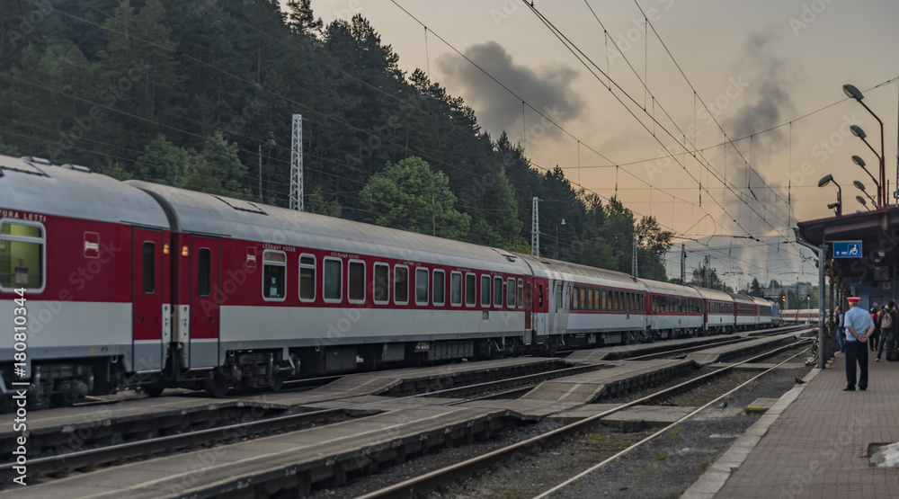 Fototapeta premium Night train from Prague in station Ruzomberok