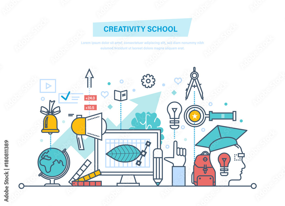 Creative school. Training, creativity distance learning, technology, knowledge, teaching, education.