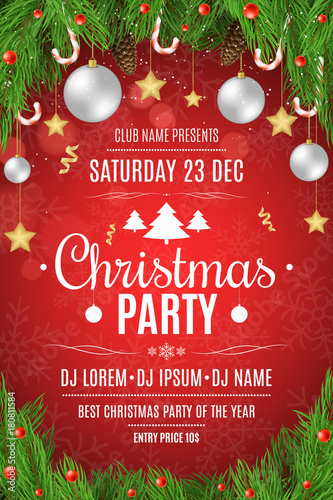 Poster for a Christmas party. Fir tree, lollipops and snow berries on a red background. Celebratory background. Christmas balls and gold stars. Falling snow. White text with description. Vector