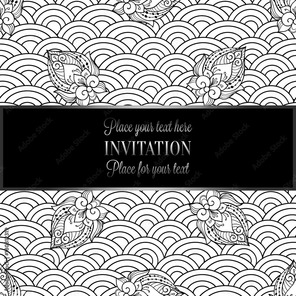Vector abstract wavy invitation card with geometrical fish scale layout. Black tracery on a white background. Fan shaped stylized ocean waves. Fish scales with decorative flowers Vector abstract wavy invitation card with geometrical fish scale layout. Black tracery on a white background. Fan shaped stylized ocean waves. Fish scales with decorative flowers