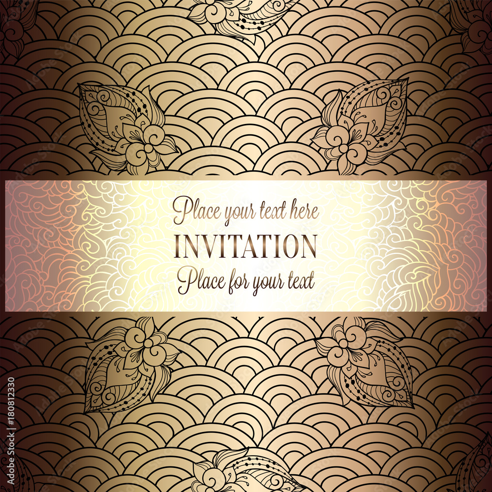 Vector abstract wavy invitation card with geometrical fish scale layout. Rich gold and beige tracery background. Fan shaped stylized ocean waves. Fish scales with decorative flowers
