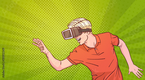 Man Wear Goggles 3d Glasses Virtual Reality Gesturing Pop Art Style Background Vector Illustration