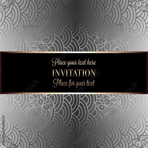 Vector abstract wavy invitation card with geometrical fish scale layout. Silver grey tracery on a gray background. Fan shaped stylized ocean waves. Fish scales with decorative flowers