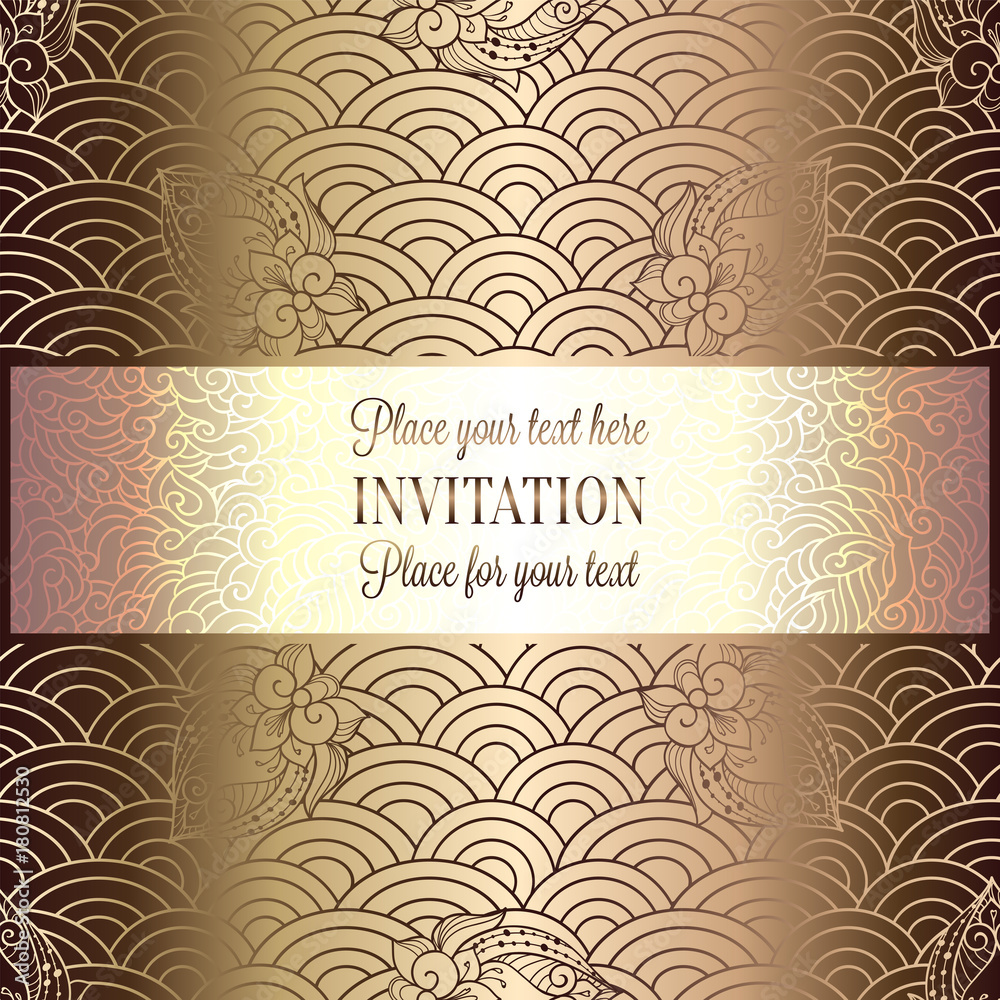 Vector abstract wavy invitation card with geometrical fish scale layout. Rich gold and beige tracery background. Fan shaped stylized ocean waves. Fish scales with decorative flowers