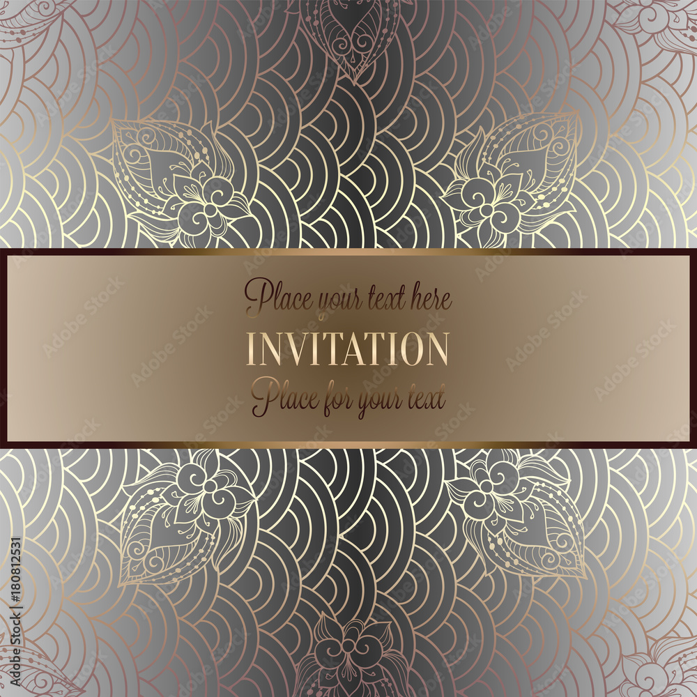 Vector abstract wavy invitation card with geometrical fish scale layout. Silver grey tracery on a gray background. Fan shaped stylized ocean waves. Fish scales with decorative flowers