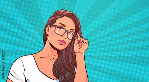 Portrait Of Beautiful Woman Wearing Glasses Over Retro Pop Art Background Attractive Female With Long Hair Vector Illustration