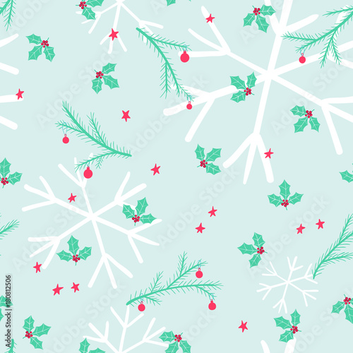 Christmas seamless pattern with holly and decorated conifer branches