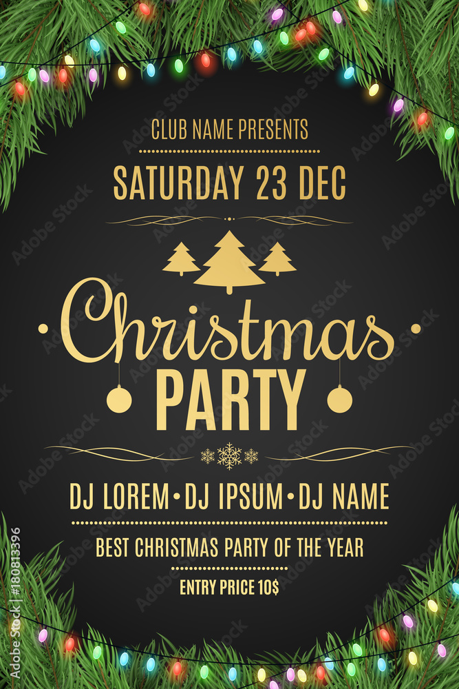 Luxury poster for a Christmas party. Christmas tree on a black background. Celebratory background. Gold text with description. Multicolored luminous garland. Vector