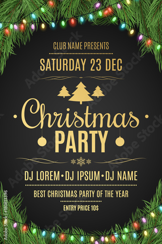Luxury poster for a Christmas party. Christmas tree on a black background. Celebratory background. Gold text with description. Multicolored luminous garland. Vector