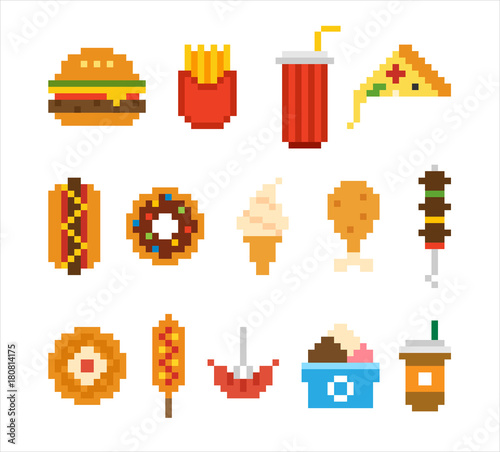 pixel food fast food and sweet dessert vector flat design illustration set 