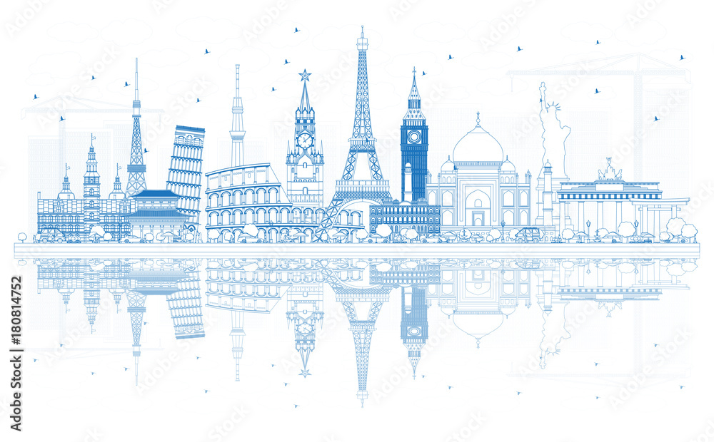 Fototapeta premium Outline Travel Concept Around the World with Famous International Landmarks.