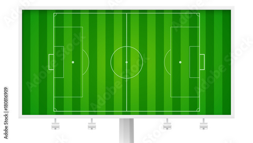 European football, soccer field on horizontal billboard. Field with markings and trimmed lawn, view from above. Resizable vector illustration for your, ready for print design. Isolated on white.