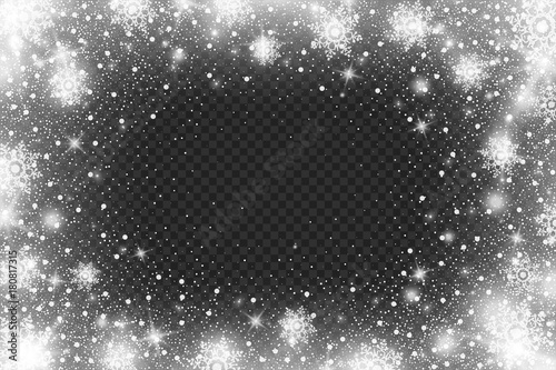 Snow frost Effect on Transparent Background . Abstract bright white shimmer lights and snowflakes. Glowing blizzard. Scatter falling round particles.