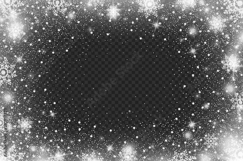 Snow frost Effect on Transparent Background . Abstract bright white shimmer lights and snowflakes. Glowing blizzard. Scatter falling round particles.