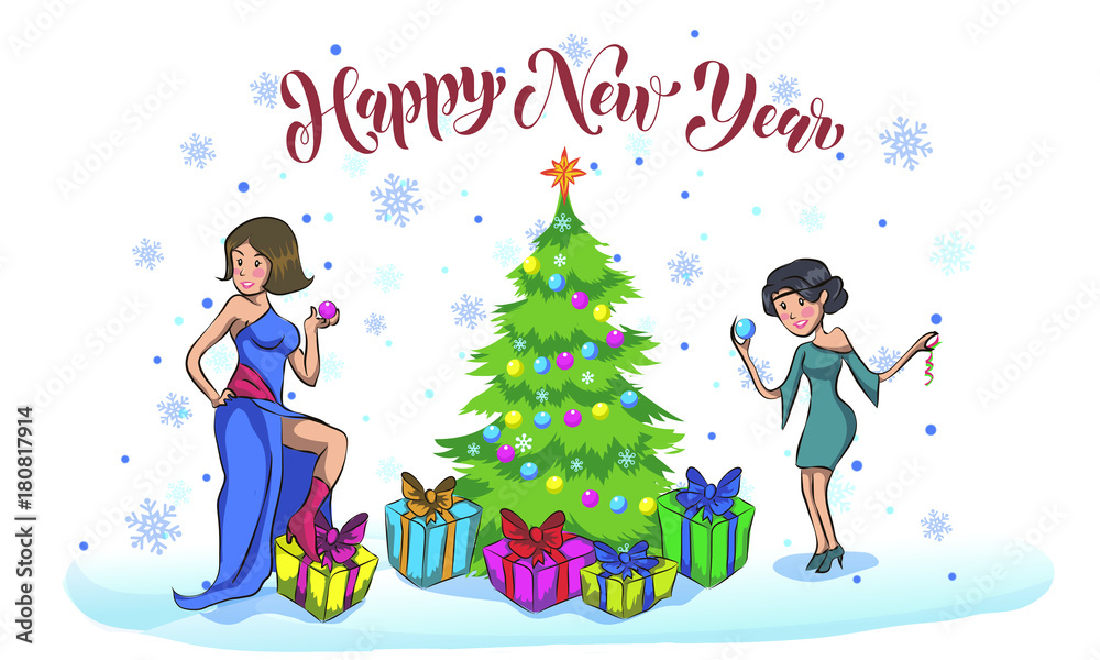 beautiful pin-up girls in Christmas inspired costume. girls dress up a Christmas tree. New Year and gifts. preparation for the holiday. two girls decorate a Christmas tree for Christmas beautiful pin-up girls in Christmas inspired costume. girls dress up a Christmas tree. New Year and gifts. preparation for the holiday. two girls decorate a Christmas tree for Christmas