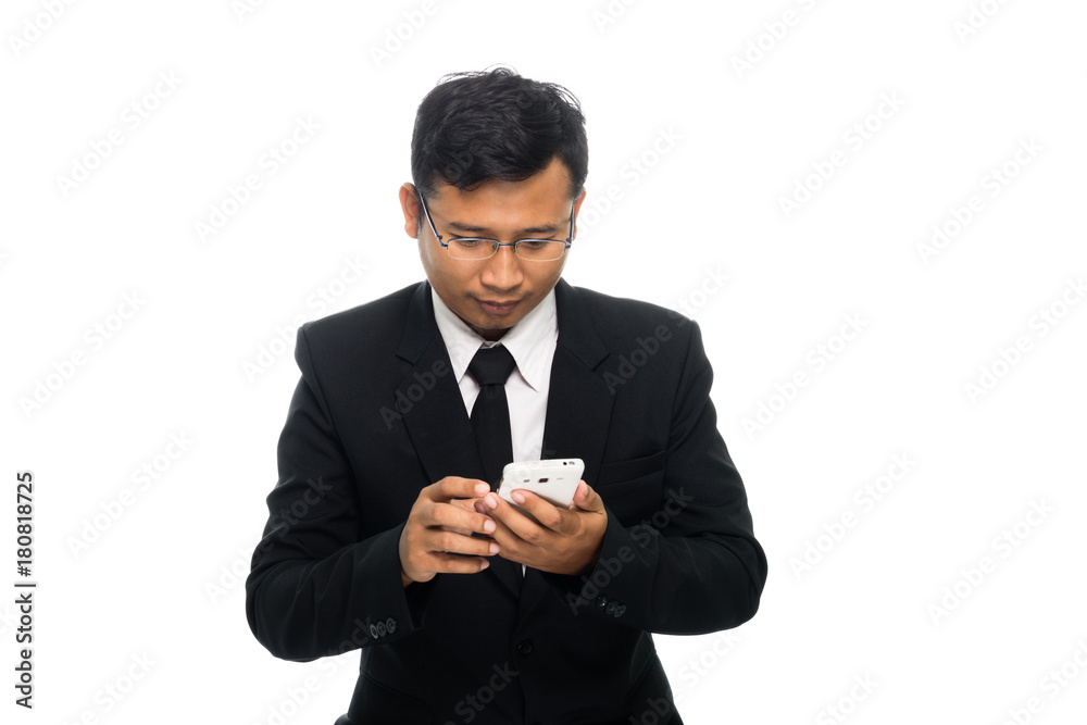 Portrait of a business man with glasses and smart phone. Isolated on white background Portrait of a business man with glasses and smart phone. Isolated on white background