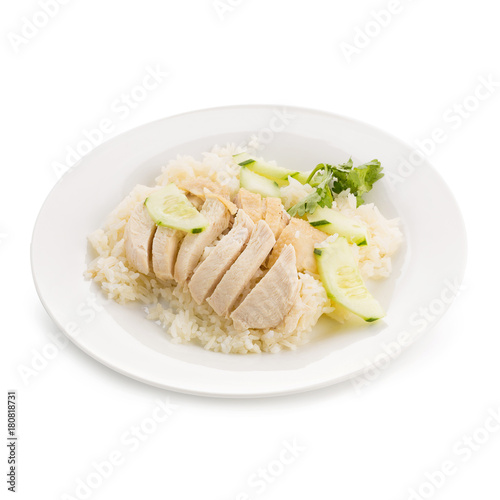 Photography Hainanese chicken rice,  Thai gourmet steamed chicken with rice isolated on whit