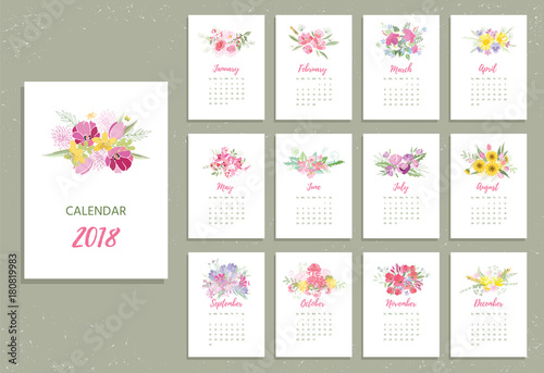 Printable 2018 Calendar with pretty colorful flowers
